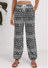 Black bottoms,Tribal bottoms,Geometric bottoms,Drawstring Tribal Print Black Jogger Elastic Waist Pants