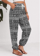Black bottoms,Tribal bottoms,Geometric bottoms,Drawstring Tribal Print Black Jogger Elastic Waist Pants