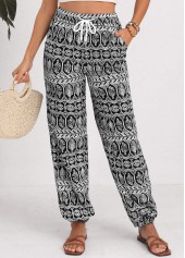 Black bottoms,Tribal bottoms,Geometric bottoms,Drawstring Tribal Print Black Jogger Elastic Waist Pants