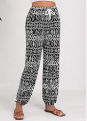 Black bottoms,Tribal bottoms,Geometric bottoms,Drawstring Tribal Print Black Jogger Elastic Waist Pants