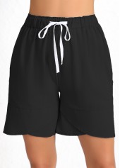 Black bottoms,Plain Color bottoms,Drawstring Elastic Waist High Waisted Black Shorts