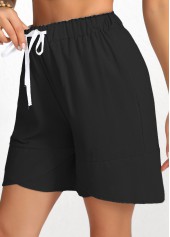 Black bottoms,Plain Color bottoms,Drawstring Elastic Waist High Waisted Black Shorts