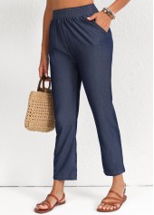 Navy bottoms,Plain Color bottoms,Smocked Navy Elastic Waist High Waisted Pants