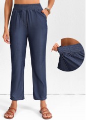Smocked Navy Elastic Waist High Waisted Pants