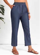 Navy bottoms,Plain Color bottoms,Smocked Navy Elastic Waist High Waisted Pants