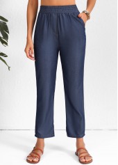 Navy bottoms,Plain Color bottoms,Smocked Navy Elastic Waist High Waisted Pants