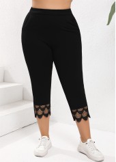 Black plus size,Plain Color plus size,Plus Size Patchwork Black Skinny Elastic Waist Pants