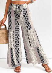 Black bottoms,Tribal bottoms,Bowknot Patchwork Black Elastic Waist High Waisted Pants