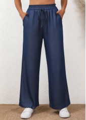 Denim Blue bottoms,Plain Color bottoms,Drawstring Denim Blue Elastic Waist High Waisted Jeans