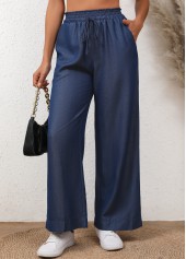 Denim Blue bottoms,Plain Color bottoms,Drawstring Denim Blue Elastic Waist High Waisted Jeans