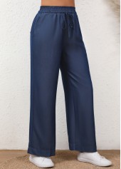 Denim Blue bottoms,Plain Color bottoms,Drawstring Denim Blue Elastic Waist High Waisted Jeans