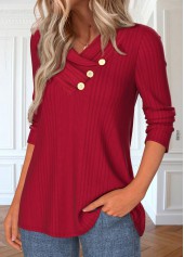 Red tops,Plain Color tops,ROTITA Button Red V Neck Long Sleeve T Shirt