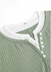 Light Green tops,Contrast Color tops,ROTITA Fake 2in1 Light Green Split Neck T Shirt