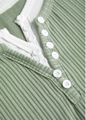 Light Green tops,Contrast Color tops,ROTITA Fake 2in1 Light Green Split Neck T Shirt