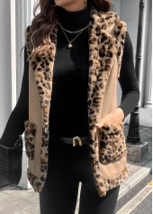 Light Coffee tops,Leopard tops,ROTITA Patchwork Leopard Light Coffee Turn Down Collar Sleeveless Waistcoat