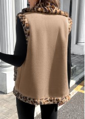 Light Coffee tops,Leopard tops,ROTITA Patchwork Leopard Light Coffee Turn Down Collar Sleeveless Waistcoat