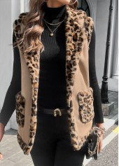 Light Coffee tops,Leopard tops,ROTITA Patchwork Leopard Light Coffee Turn Down Collar Sleeveless Waistcoat
