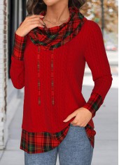 Red tops,Plaid tops,ROTITA Christmas Patchwork Plaid Red Cowl Neck Long Sleeve Sweatshirt