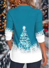 Turquoise tops,Christmas tops,ROTITA Button Christmas Tree Print Turquoise Asymmetrical Neck Sweatshirt