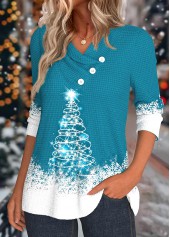 Turquoise tops,Christmas tops,ROTITA Button Christmas Tree Print Turquoise Asymmetrical Neck Sweatshirt