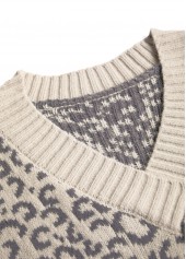 Light Camel tops,Leopard tops,Animal Print tops,Patchwork Leopard Light Camel V Neck Long Sleeve Sweater