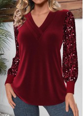 Wine Red tops,Plain Color tops,ROTITA Velvet Wine Red V Neck Long Sleeve T Shirt