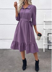 Dusty Purple dresses,Plain Color dresses,Wear to Work dresses,Work dresses,ROTITA Button Dusty Purple Belted A Line Shirt Collar Dress