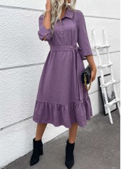 Dusty Purple dresses,Plain Color dresses,Wear to Work dresses,Work dresses,ROTITA Button Dusty Purple Belted A Line Shirt Collar Dress