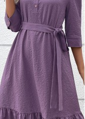 Dusty Purple dresses,Plain Color dresses,Wear to Work dresses,Work dresses,ROTITA Button Dusty Purple Belted A Line Shirt Collar Dress