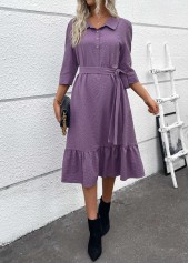 Dusty Purple dresses,Plain Color dresses,Wear to Work dresses,Work dresses,ROTITA Button Dusty Purple Belted A Line Shirt Collar Dress