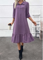 Dusty Purple dresses,Plain Color dresses,Wear to Work dresses,Work dresses,ROTITA Button Dusty Purple Belted A Line Shirt Collar Dress