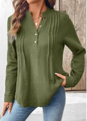 Olive Green tops,Plain Color tops,ROTITA Button Olive Green Split Neck Long Sleeve Blouse