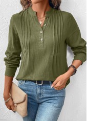 Olive Green tops,Plain Color tops,ROTITA Button Olive Green Split Neck Long Sleeve Blouse