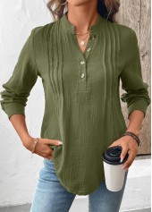 Olive Green tops,Plain Color tops,ROTITA Button Olive Green Split Neck Long Sleeve Blouse