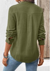 Olive Green tops,Plain Color tops,ROTITA Button Olive Green Split Neck Long Sleeve Blouse