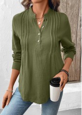 Olive Green tops,Plain Color tops,ROTITA Button Olive Green Split Neck Long Sleeve Blouse