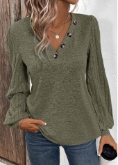 ROTITA Asymmetry Olive Green V Neck Long Sleeve T Shirt