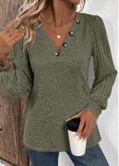 Olive Green tops,Plain Color tops,ROTITA Asymmetry Olive Green V Neck Long Sleeve T Shirt