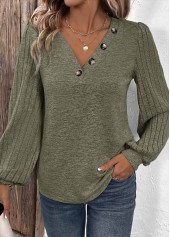 Olive Green tops,Plain Color tops,ROTITA Asymmetry Olive Green V Neck Long Sleeve T Shirt