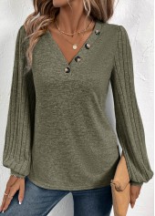 Olive Green tops,Plain Color tops,ROTITA Asymmetry Olive Green V Neck Long Sleeve T Shirt