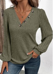Olive Green tops,Plain Color tops,ROTITA Asymmetry Olive Green V Neck Long Sleeve T Shirt