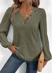 Olive Green tops,Plain Color tops,ROTITA Asymmetry Olive Green V Neck Long Sleeve T Shirt