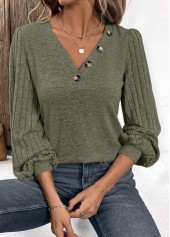 Olive Green tops,Plain Color tops,ROTITA Asymmetry Olive Green V Neck Long Sleeve T Shirt