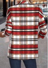 Red tops,Plaid tops,ROTITA Patchwork Plaid Red Turn Down Collar Long Sleeve Coat