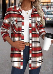 Red tops,Plaid tops,ROTITA Patchwork Plaid Red Turn Down Collar Long Sleeve Coat