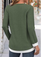 Olive Green tops,Plain Color tops,ROTITA Button Olive Green Round Neck Long Sleeve T Shirt