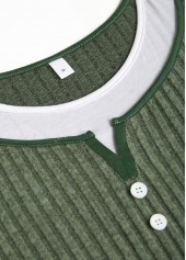 Olive Green tops,Plain Color tops,ROTITA Button Olive Green Round Neck Long Sleeve T Shirt