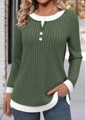 Olive Green tops,Plain Color tops,ROTITA Button Olive Green Round Neck Long Sleeve T Shirt
