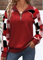 sweat-shirt à col rabattu en patchwork à carreaux rouges grande taille rotita