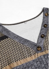 Dark Blue tops,Geometric tops,ROTITA Patchwork Geometric Print Dark Blue V Neck T Shirt